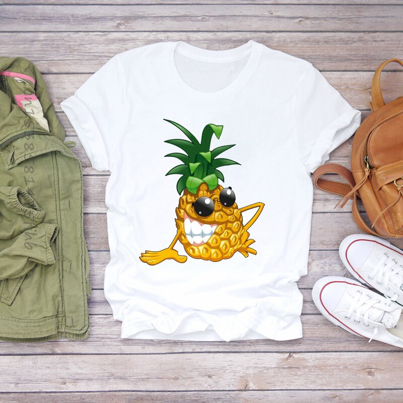 เสื้อยืดผู้ชาย ผู้หญิงพรีเมี่ยมการ์ตูนตลกน่ารักฤดูร้อนสับปะรดผลไม้ Camisa เสื้อผู้หญิงผู้หญิงเสื้อยืดด้านบน T กราฟิกหญิง