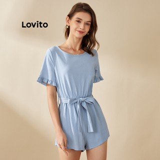 【พร้อมส่ง】Lovito รอมเปอร์ขาสั้น ผูกเน็คไท สีพื้น สไตล์ลำลอง L20D1255 (สีน้ำเงิน)