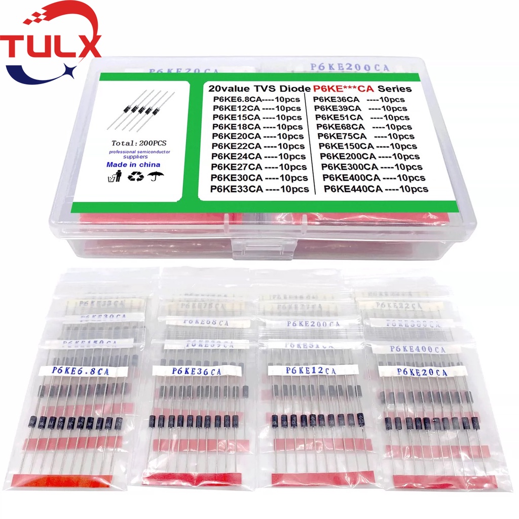 20Values*10pcs=200pcs TVS Transistor Kit P6KE6.8A/CA 12/15/18/20/22/24/27/30/33/36/39/51/68/75/150/2