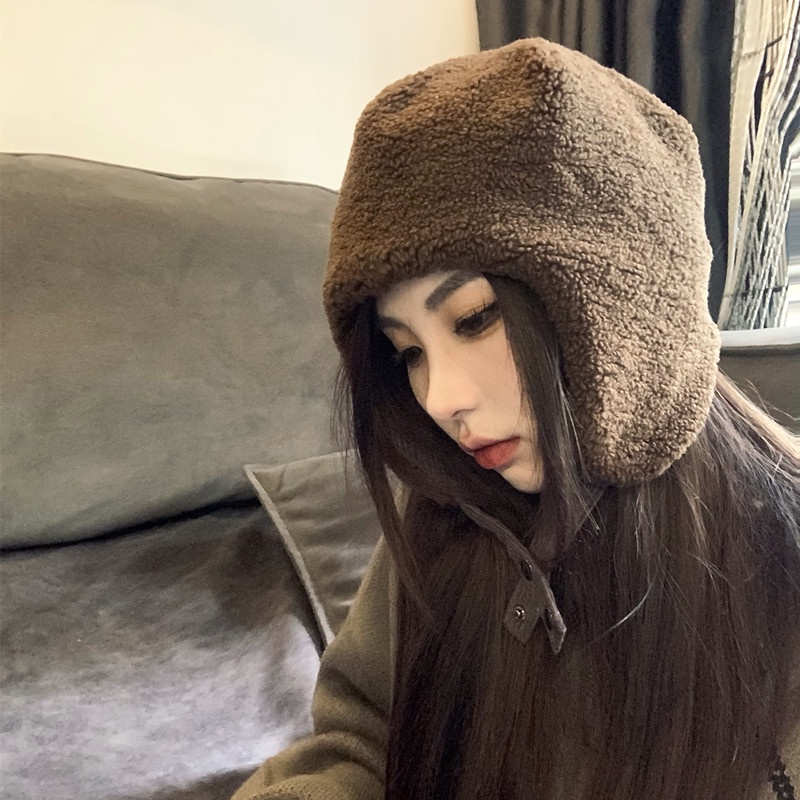 หมวกนักบิน ผ้าขนแกะ ป้องกันหู ให้ความอบอุ่น แฟชั่นฤดูหนาว สไตล์เกาหลี สําหรับผู้หญิง