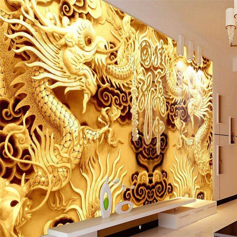 สติกเกอร์วอลเปเปอร์ ลายมังกรทอง 3D สําหรับติดตกแต่งผนังบ้าน