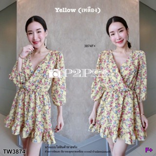 👗Pfashion [ส่งไว!!🚛] P3874 เดรสสั้นลายดอก คอวีไขว้ แขนยาวจั้มปลายแขน Floral print short dress, V-neck, crossov