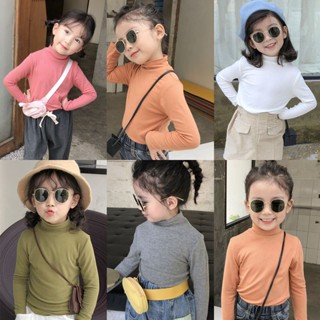 Autumn new all-match solid color girls base shirt autumn clothes baby long sleeve T-shirt childrens high elasticity high collar top fashion