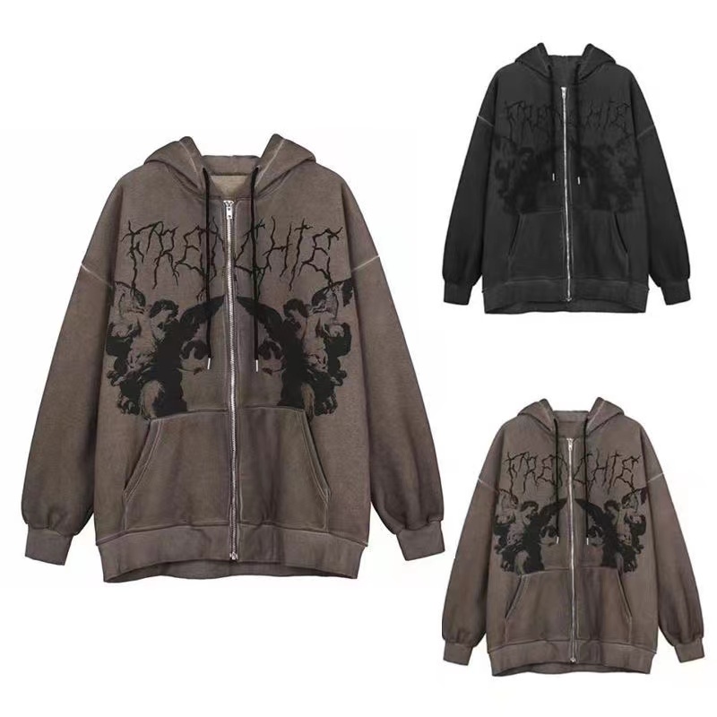 ZIP UP TOP/VINTAGE ANGEL PRINT Y2K GOTHIC SWEATSHIRT OVERSIZED HOODIE