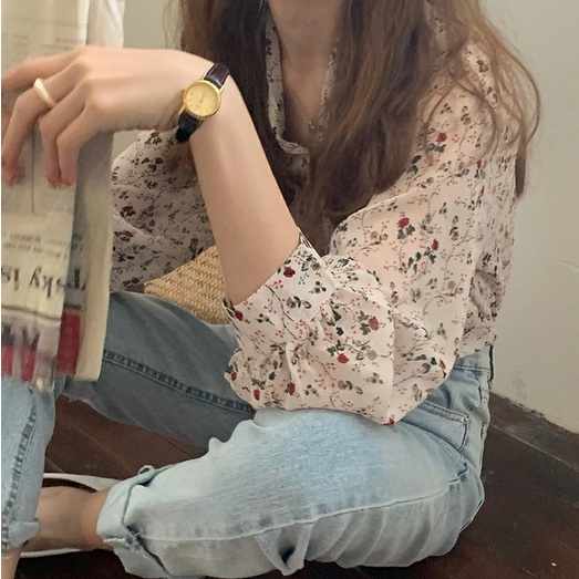 พร้อมส่ง : เสื้อชีฟองแขนยาวลายดอกไม้ใส่สบาย [D14]