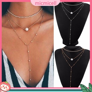 (micmicell) Fashion Rhinestone Choker Faux Pearl Womens Multilayer Chain Tassel Necklace