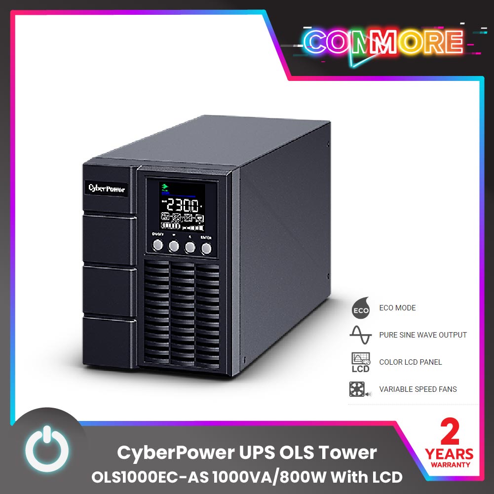 CyberPower UPS OLS Tower OLS1000EC-AS (เครื่องสำรองไฟฟ้า) 1000VA/800W With LCD เหมาะสำหรับสตรีมเมอร์ กราฟิก ขุดบิทคอยน์