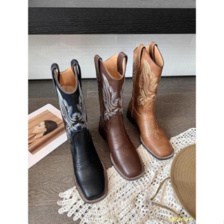 Stop#🎀หนัง รองเท้าบูทคาวบอยตะวันตก Cavalier Boots Mid-Tube Martin Boots Chelsea Boots Long Boots Women s 2022 New