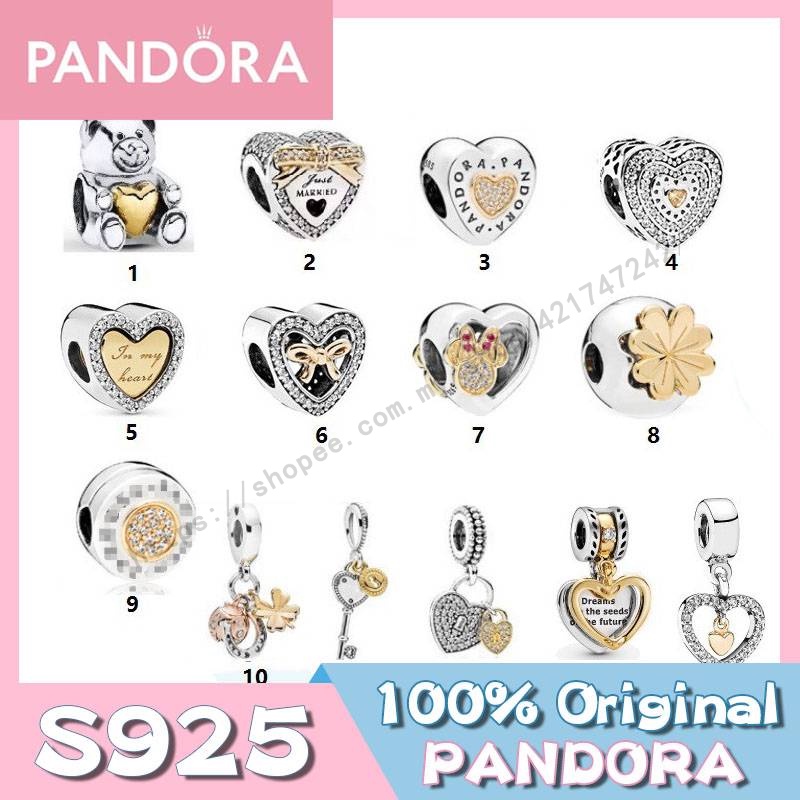 Pandora จี้ลูกปัดเงินแท้ 925 รูปหัวใจ และหมี สีทอง เครื่องประดับ DIY w1022