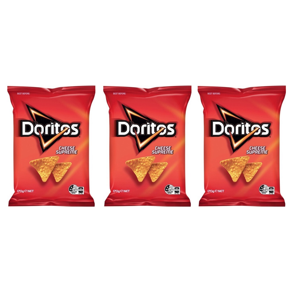 DORITOS แผ่นข้าวโพดอบกรอบ โดริโทส รสเนยแข็ง ชีส สุพรีม คอร์น ชิพส์ ผลิตในประเทศออสเตรเลีย ชุดละ 3 ซอ