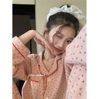 🌷𝒎𝒊𝒏𝒊 𝒑𝒊𝒏𝒌 𝒇𝒍𝒐𝒘𝒆𝒓 ชุดนอนผ้าฝ้ายพิมพ์ลายดอกไม้เล็กๆสีชมพู ( รุ่นแขนยาว-ขายาว )