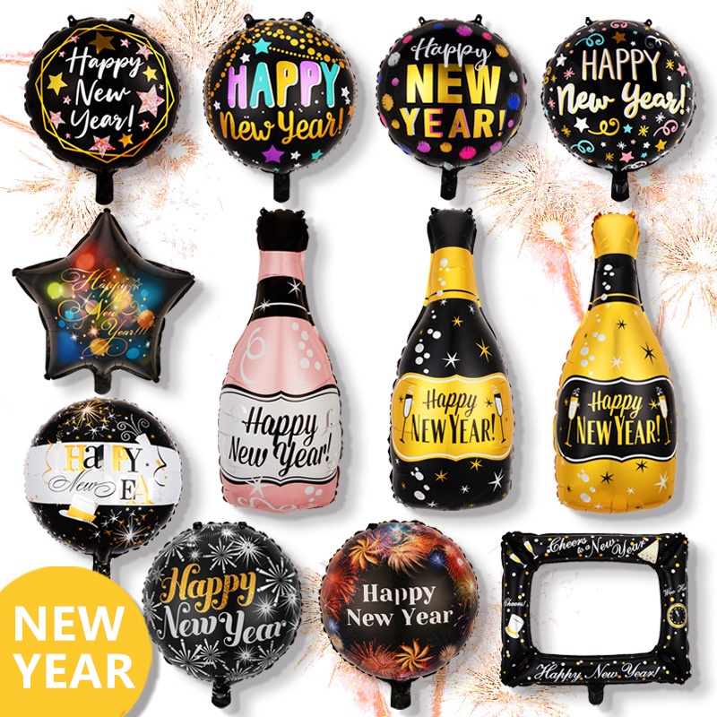 ลูกโป่งฟิล์มอลูมิเนียม ทรงกลม ลาย Happy New Year สําหรับตกแต่งขวดไวน์ กรอบรูป ปาร์ตี้ 2023