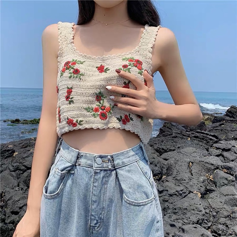 เสื้อสายเดี่ยวครอปถักไหมพรม สายเดี่ยวไปทะเล
