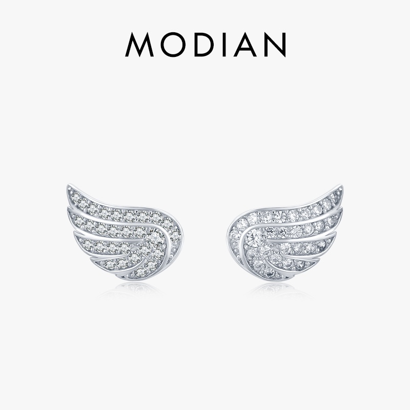 Modian หรูหรา CZ ต่างหูแฟชั่น 925 เงินสเตอร์ลิง Angel Wings ต่างหูสตั๊ดสําหรับสาวผู้หญิงเงินเครื่องประดับ Fine