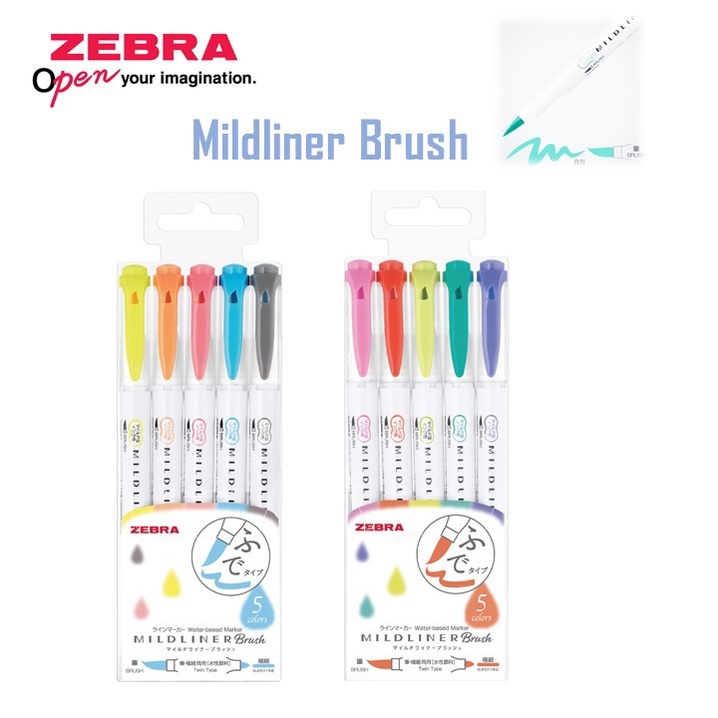 ZEBRA ปากกาเน้นข้อความ 2 หัว Mildliner Brush หัวพู่กัน/หัวกลม มีให้เลือก 2 set 10 สี
