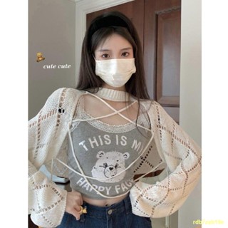 🌟มีสินค้าในสต๊อก#🍓Shawl Bear Lace Trim Sling Two Piece Top Women s