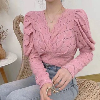 Lady_Girl⚡️1958/AI.E#เสื้อลุกไม้เเขนยาวทรงคอวิ#เสื้อแฟชั่นแขนยาวสไตล์เกาหลี