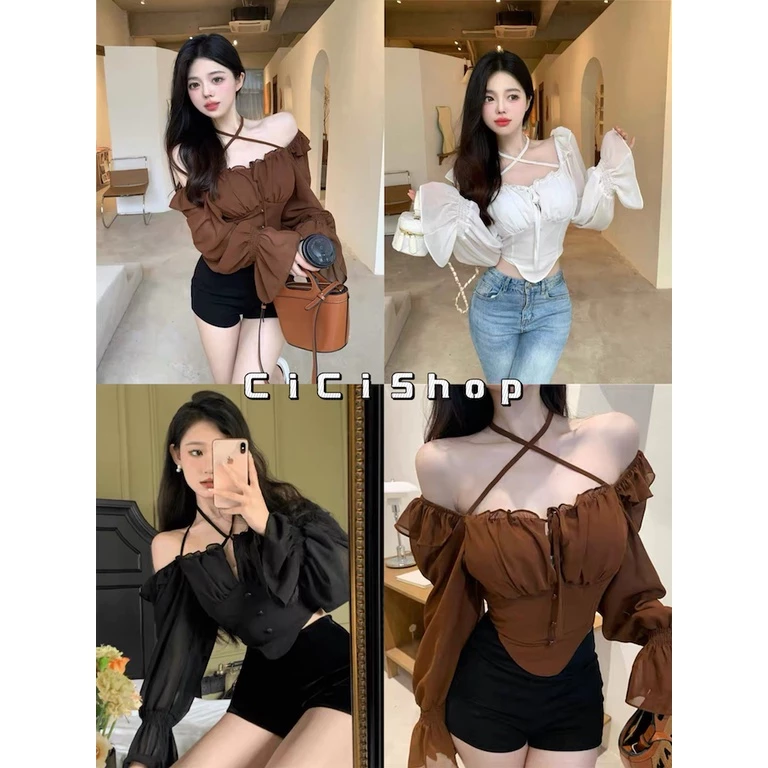 Cicishop(3047)เสื้อครอปแขนยาว แต่งชายระบายเก็บทรงสวย ดีเทลสายคล้องคอเพิ่มระดับความแซ่บ