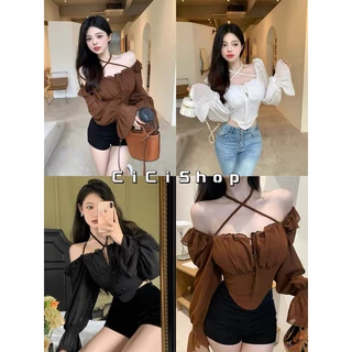 Cicishop(3047)เสื้อครอปแขนยาว แต่งชายระบายเก็บทรงสวย ดีเทลสายคล้องคอเพิ่มระดับความแซ่บ