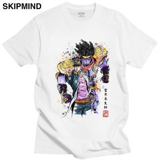 เสื้อเบลาส์ เสื้อยืดผจญภัย Jojo Bizarre สุดเท่สําหรับผู้ชายแขนสั้น Jotaro Kujo มังงะกราฟิก Tshirt ผ้าฝ้าย 100% ปกติพอดี