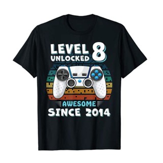 เสื้อยีด ระดับ 8 ปลดล็อคน่ากลัวตั้งแต่ 2014 แปดวันเกิดเสื้อยืดลูกชายเด็กตลก Gamer 8 ปีวันเกิดทีท็อปส์ซูรหัสของขวัญ