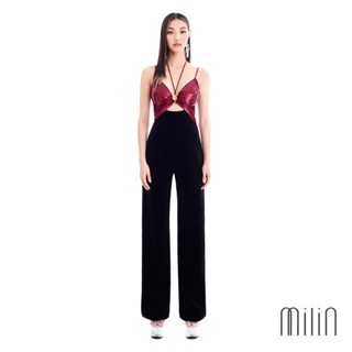 [MILIN] Morgana Jumpsuit Front ruched cutout deep v neck wide leg jumpsuit จั๊มสูทขายาวคอวีลึก