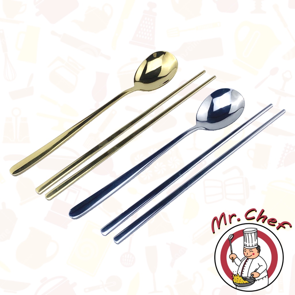 Mr.Chef [พร้อมส่ง] ชุดช้อนตะเกียบสแตนเลส สไตล์เกาหลี ช้อนสแตนเลส ตะเกียบสแตนเลส สีเงิน ทอง ทองแดง ดำ