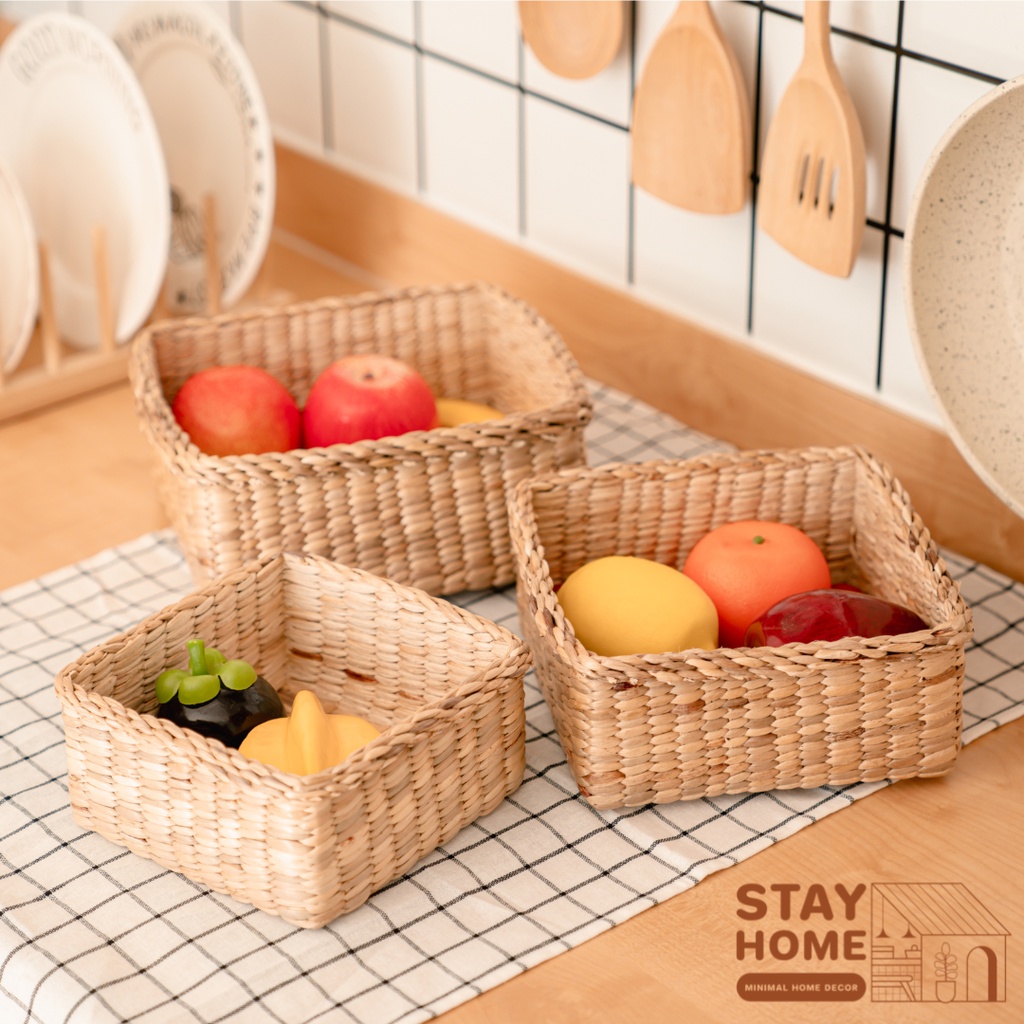 Stayhome กล่องจัดระเบียบจตุรัส ลายตรง กล่องผักตบชวา