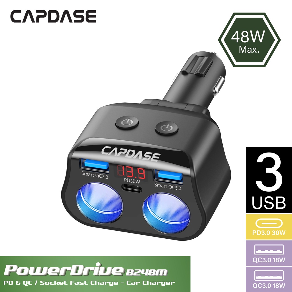 Capdase 48W Pd3.0 & Qc3.0 ที่ชาร์จในรถยนต์ แบบชาร์จเร็ว 2 ซ็อกเก็ต 3-Usb Powerdrive B248M

