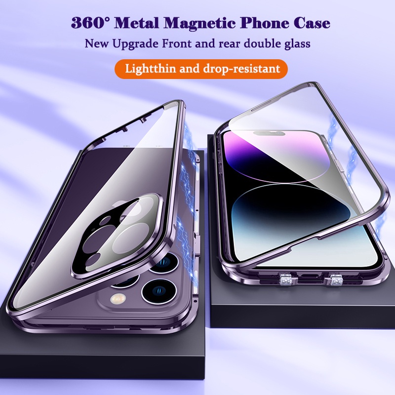 360° เคสโทรศัพท์มือถือ กรอบโลหะ แม่เหล็ก สองด้าน สีม่วง สําหรับ iPhone 14 Plus 13 Pro Max