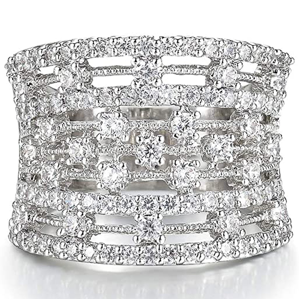 925 เงินสเตอร์ลิง Hyperbole กว้างแหวนคริสตัล Cubic Zirconia แฟชั่นหรูหราแหวนแต่งงานสตรีสีเงินเครื่องประดับคุณภาพสูง