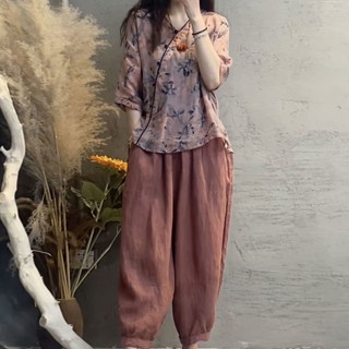 High-grade cotton and linen fresh printed V-neck top belly-covering harem pants slimming two-piece suit