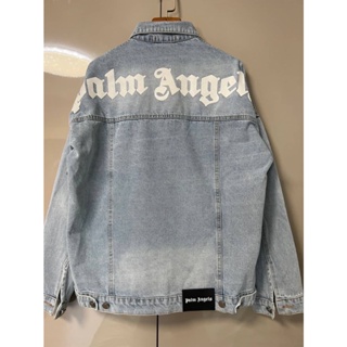 PALM ANGELS BACK LOGO-PRINT DENIM JACKET เสื้อแจ็คเก็ตยีนส์ แบรนด์ปาล์มแองเจิล ด้านหลังสกรีนตัวหนังสือโลโก้แบรนด์