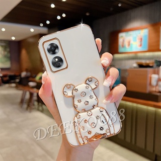  เคสโทรศัพท์มือถือแบบนิ่ม ชุบไฟฟ้า ลายหมีน่ารัก พร้อมที่ตั้งวาง สําหรับ OPPO A38 A58 A78 A98 4G 5G OPPOA38 OPPOA58