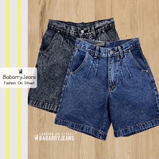 BabarryJeans ยีนส์สามส่วน เอวจีบ เอวสูง วินเทจ ผ้ายีนส์ไม่ยืด สียีนส์สโนว/ สีดำสโนว