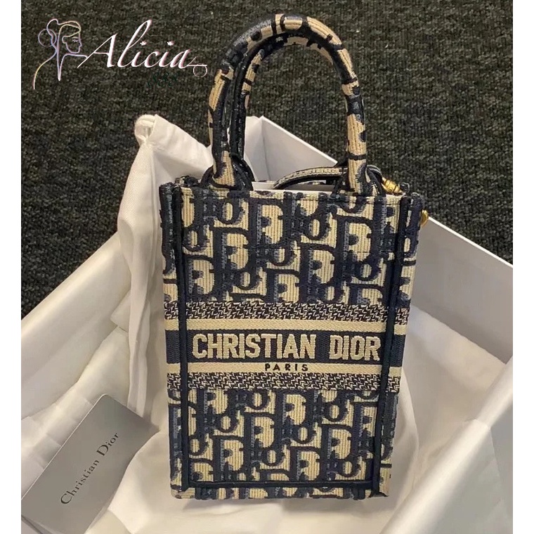 DIOR MINI BOOK TOTE PHONE BAG in Blue Dior Oblique Embroidery