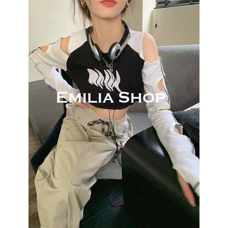 EMILIA SHOP เสื้อครอป เสื้อ เสื้อผ้าแฟชั่นผู้หญิง เข้ารูป เซ็กซี่ สไตล์เกาหลี สําหรับผู้หญิง 2022 ใหม่ ES220195