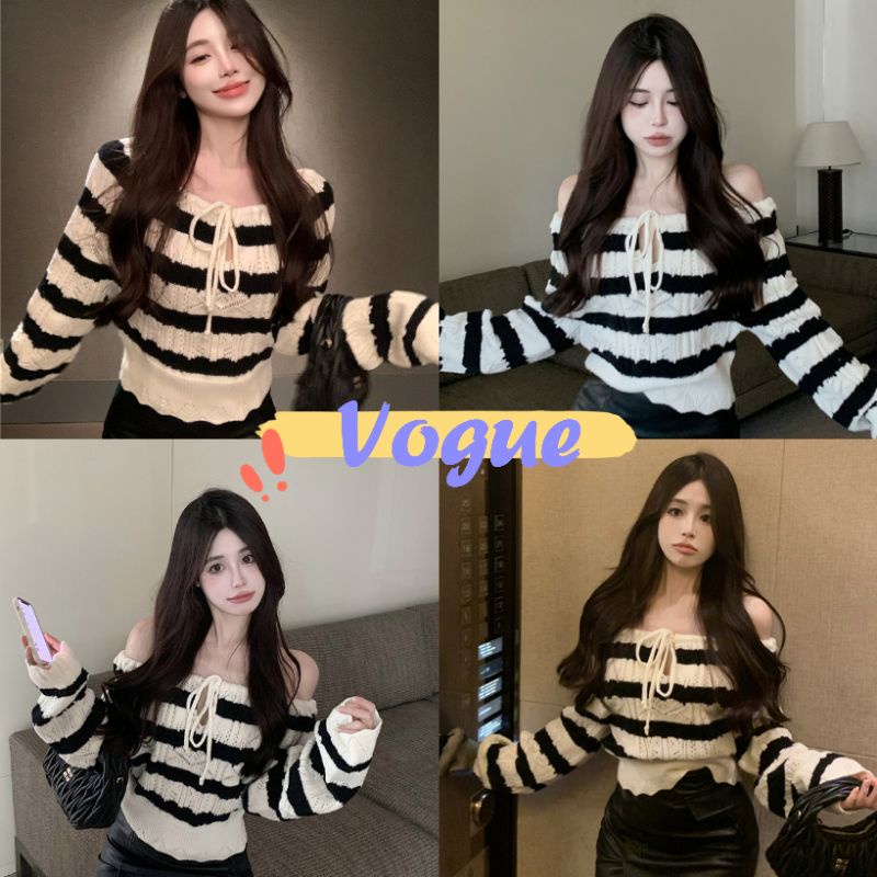 Vogue พร้อมส่ง เสื้อถักไหมพรมแขนยาว ใส่ได้2แบบเก๋มาก (1682) -C