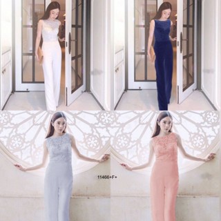 ME11466 Jumpsuit จั้มสูทแขนกุด ช่วงบนเป็นผ้าลูกไม้ มีซับใน ตัดต่อช่วงกางเกงขายาว ทรงกระบอก ผ้าซาร่า มีซิปหลัง พร้อมส่ง