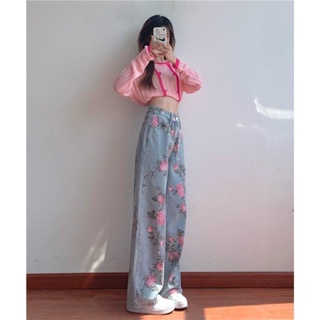 💥Hot sales 🍀Retro print jeans womens new design niche Loose high waist thin hot girl straight wide leg pants