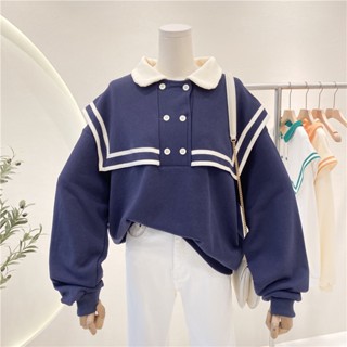เสื้อกันหนาว คอตุ๊กตา ผ้าฝ้าย 100% พลัสไซซ์ สไตล์ทหารเรือ สําหรับผู้หญิง