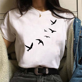 เสื้อยืดแขนสั้น Vrouwen Kleding Leuke 90S Vogels เทรนด์การ์ตูนโหมด Korte Mouw Zomer Veer พิมพ์เสื้อยืด Vrouwelijke Tee T