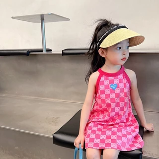 Babyonline(Y423)E6 (ส่งด่วน1วัน)ชุดกระโปรงเสื้อแขนกุดลายการ์ตูน ชุดกระโปรงสายเดี่ยวพิมพ์ลายสก๊อต ผ้าฝ้าย นิ่ม ระบายอากาศ