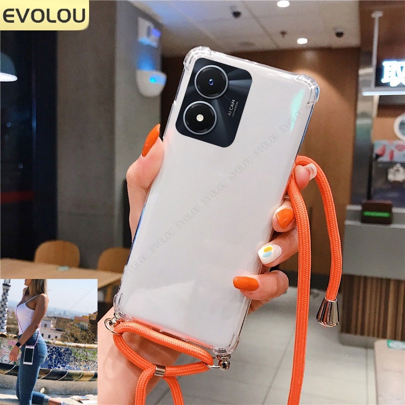 เคสโทรศัพท์มือถือ ซิลิโคนนิ่ม แบบใส กันกระแทก พร้อมสายคล้องคอ และสายสะพายข้าง สําหรับ Vivo Y35 4G Y2