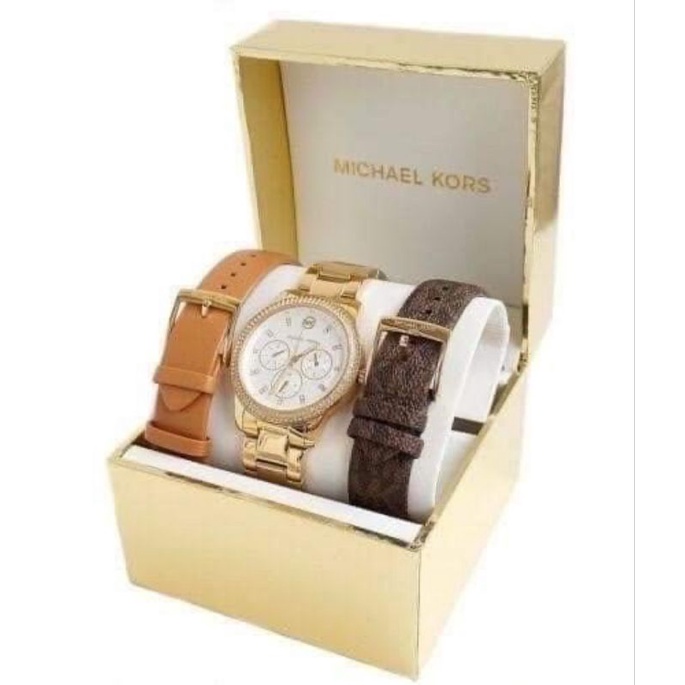 นาฬิกาMichael Kors Tibby Multifunction Gold-Tone Stainless Steel Watch and Strap Set MK6969พร้อมสายหนัง 2 เส้น สีน้ำตาล