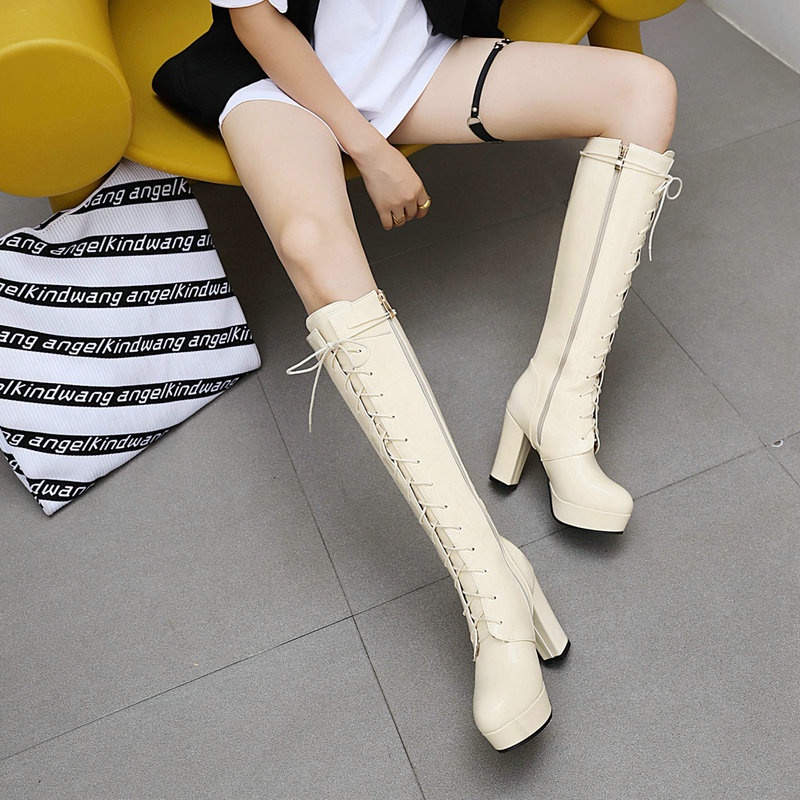 รองเท้าไซส์ใหญ่ (40-48) Bigsize รองเท้าบูทยาว ส้นสูง 4 นิ้ว เสริมหน้า 1 นิ้ว มีซิปข้าง มีเชือกปรับขยายได้ (2083)