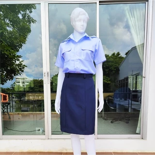 ชุดราชการ เสื้อและกระโปรงสีกรม ทอ. พนักงานข้าราชการหญิง เสื้อขาวโอโม่อมฟ้า แขนสั้น อินธนูไหล่