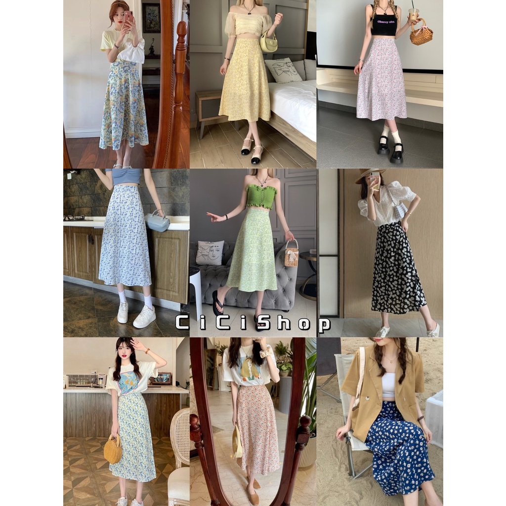 Cicishop🌻พร้อมส่ง🌷กระโปรงพิมพ์ลายดอกไม้🌷น่ารัก สวยหวาน เนื้อผ้าทิ้งตัว เอวสม๊อคหลัง มีซับใน(021)