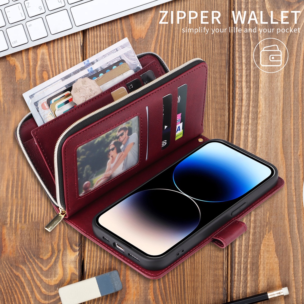 เคส Case for iPhone 14 11 Pro Max 12 13 Mini 6 6s 7 8 Plus SE 2020 2022 ไอโฟน X XS XR เคสฝาพับ เคสเปิดปิด โทรศัพท์มือถือหนัง PU ฝาพับ พร้อมช่องใส่บัตร และขาตั้งในตัว หรูหรา Flip Cover Leather Zipper Wallet With Multi Card Slots Holder Hand Strap ซองมือถือ