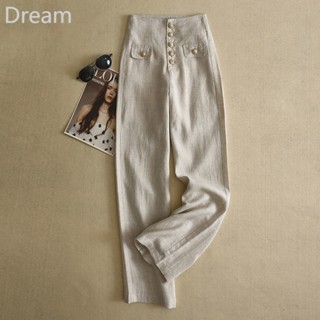 High waist wide leg pants womens thin cotton and linen loose slimming straight tube linen casual buckle pants women